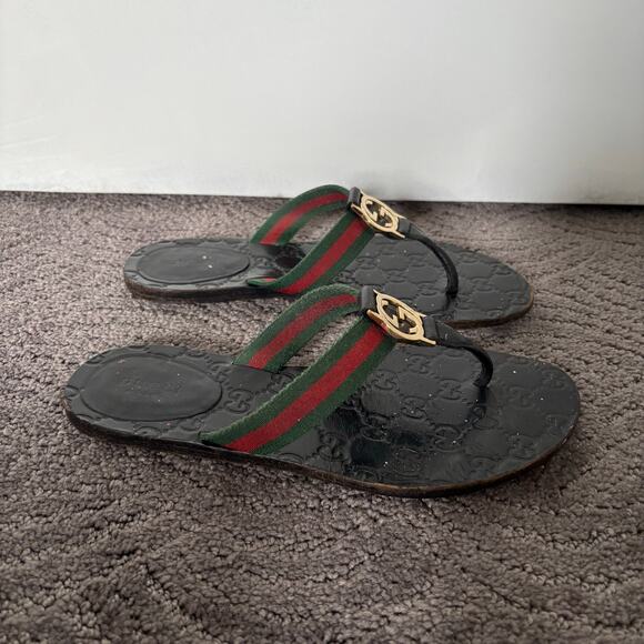 Gucci Interlocking GG Web Stripe Thong Sandals Black Flat Flip Flop Size EU 36.5 - Picture 6 of 10